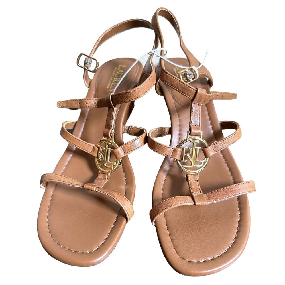 Ralph Lauren Wedge Sandals with Tan Leather Straps & Gold "RL" Emblem Size 8.5B